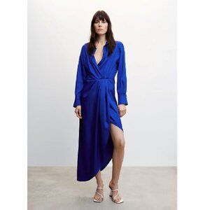 Mango MNG NWT Asymmetric Satin Midi Dress Blue Long Sleeve Party Wedding Size 2